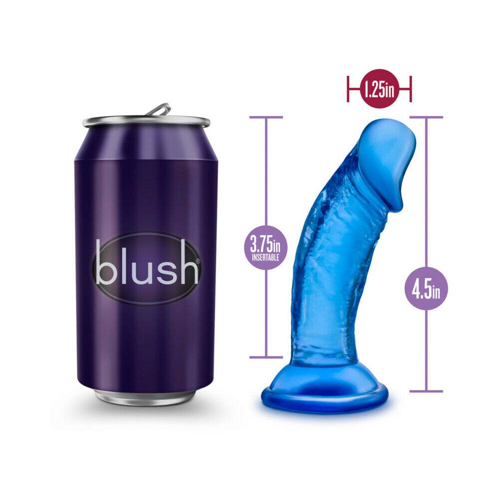 4 inch Dildo by Blush in Blue displayed for pegging Him or Her