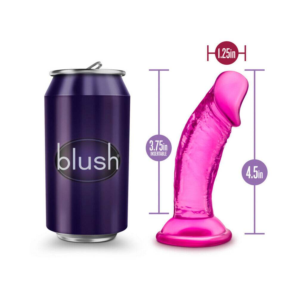 4 inch Dildo by Blush in Hot Pink Magenta Fuchsia displayed for pegging Him or Her