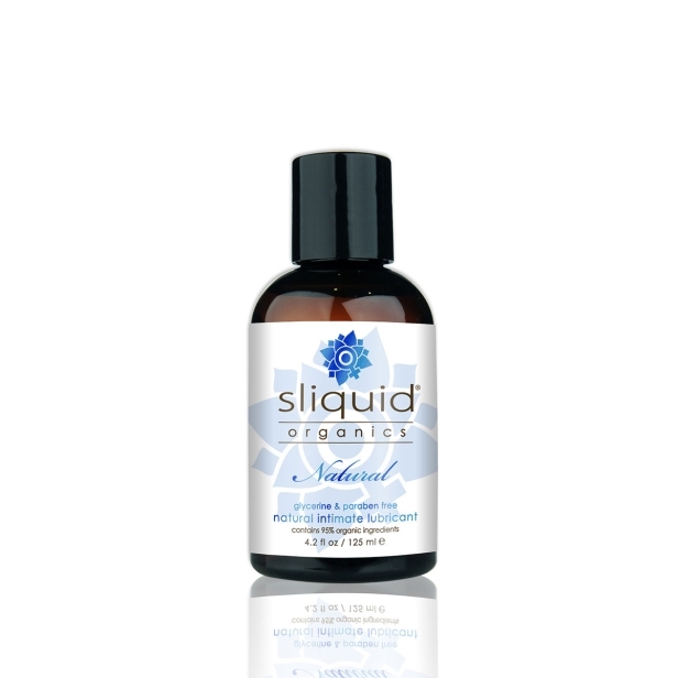 Bottle of 4.2 oz Organic Lube Sliquid showing clean, plant-based formula