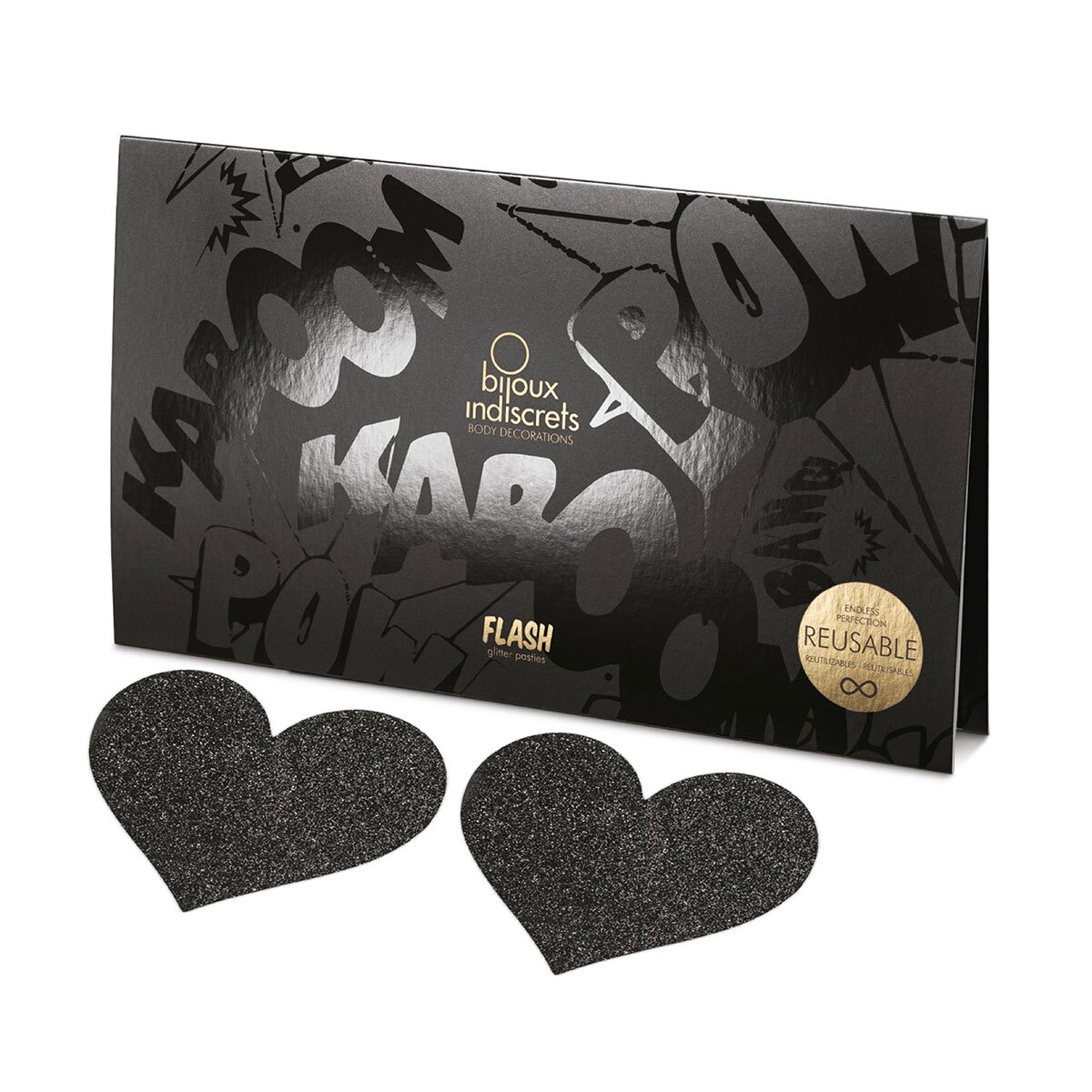 Feel sexy wearing sexy nipple covers Glittery Metallic Flash Black Hearts! Wearing Flash Black Hearts nipples covers by Bijoux Indiscrets can be fun and sexy!