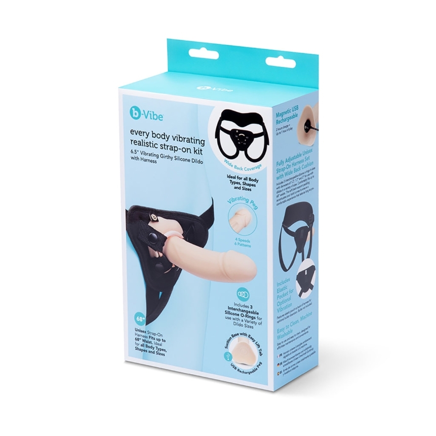 B-vibe vibrator every body realistic strap-on kit shown in hand for scale