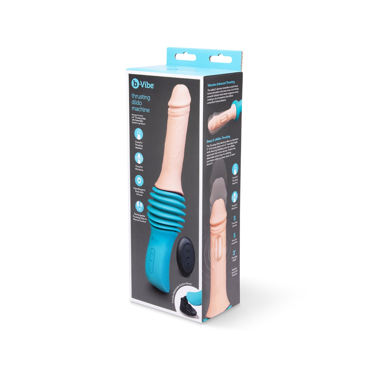 B-Vibe vibrator Thrusting Dildo Machine shown in hand for scale