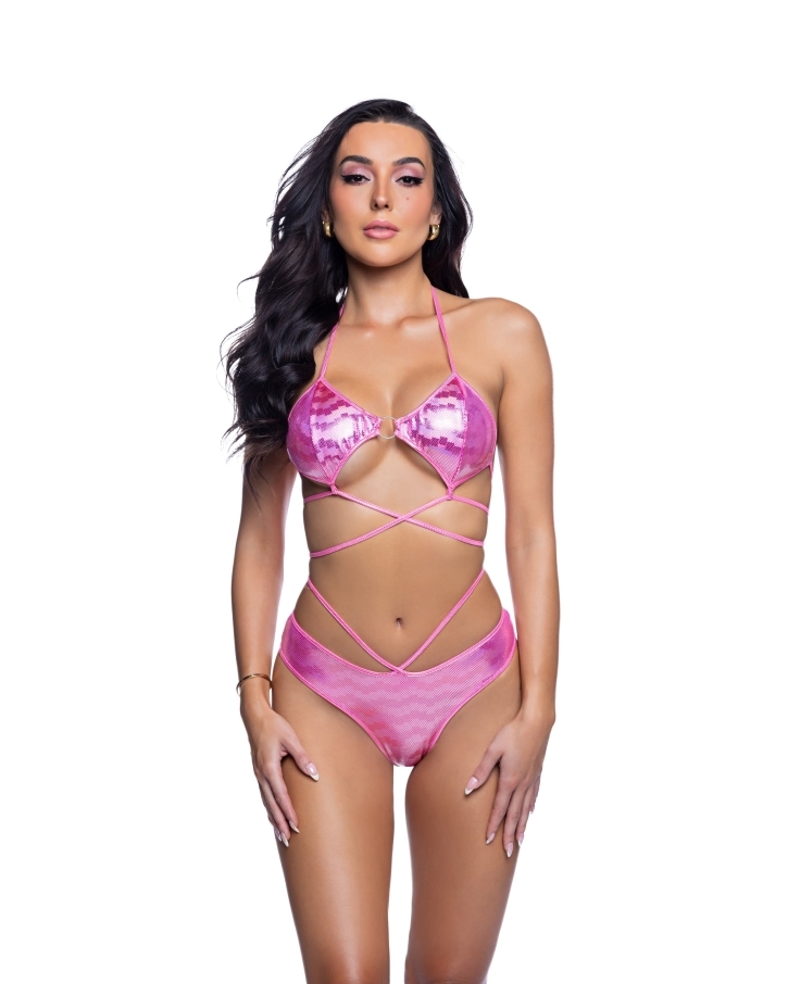 Hot Pink Geo O-Ring Top + Shorts Rave Outfit with O-ring hardware