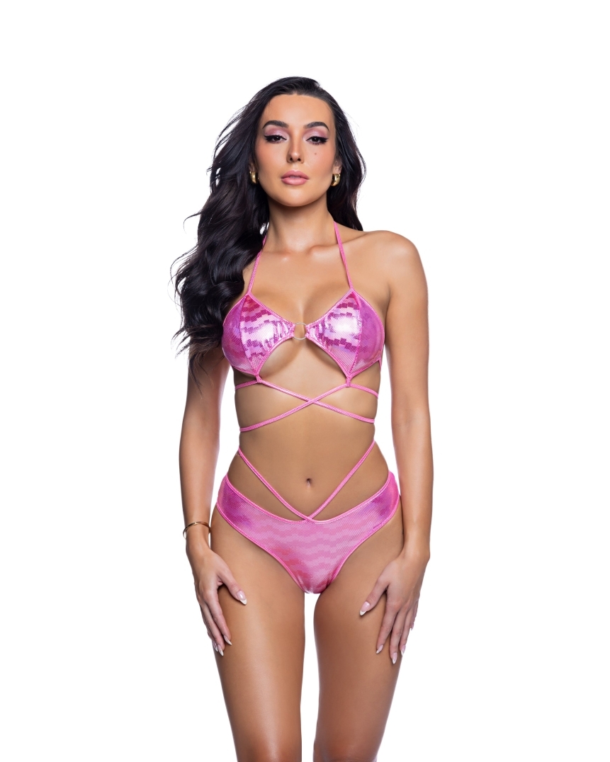 Hot pink geo o-ring top + shorts rave outfit with o-ring hardware
