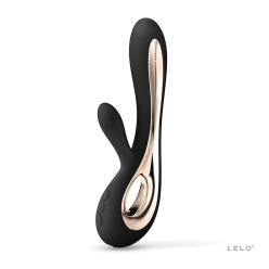 Black LELO vibrator Soraya 2 shown in hand for scale