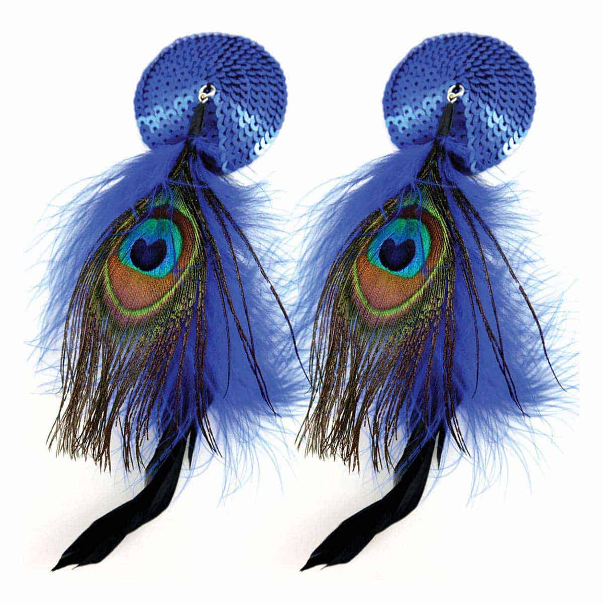 Wearing Bijoux De Nip Round Blue Sequin Pasties W Feathers nipples covers by Bijoux de Nip can be fun and sexy!