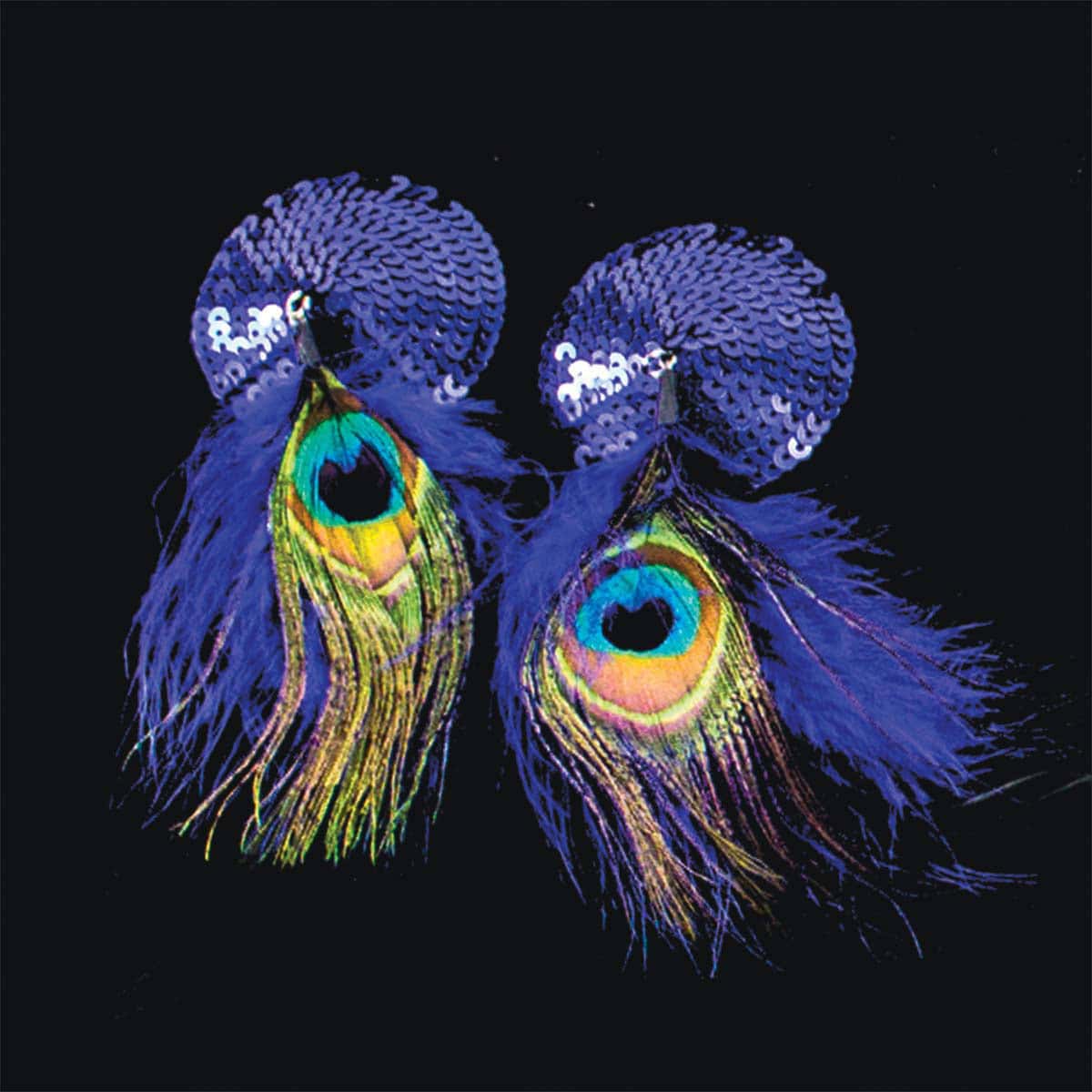 Wearing Bijoux De Nip Round Blue Sequin Pasties W Feathers nipples covers by Bijoux de Nip can be fun and sexy!