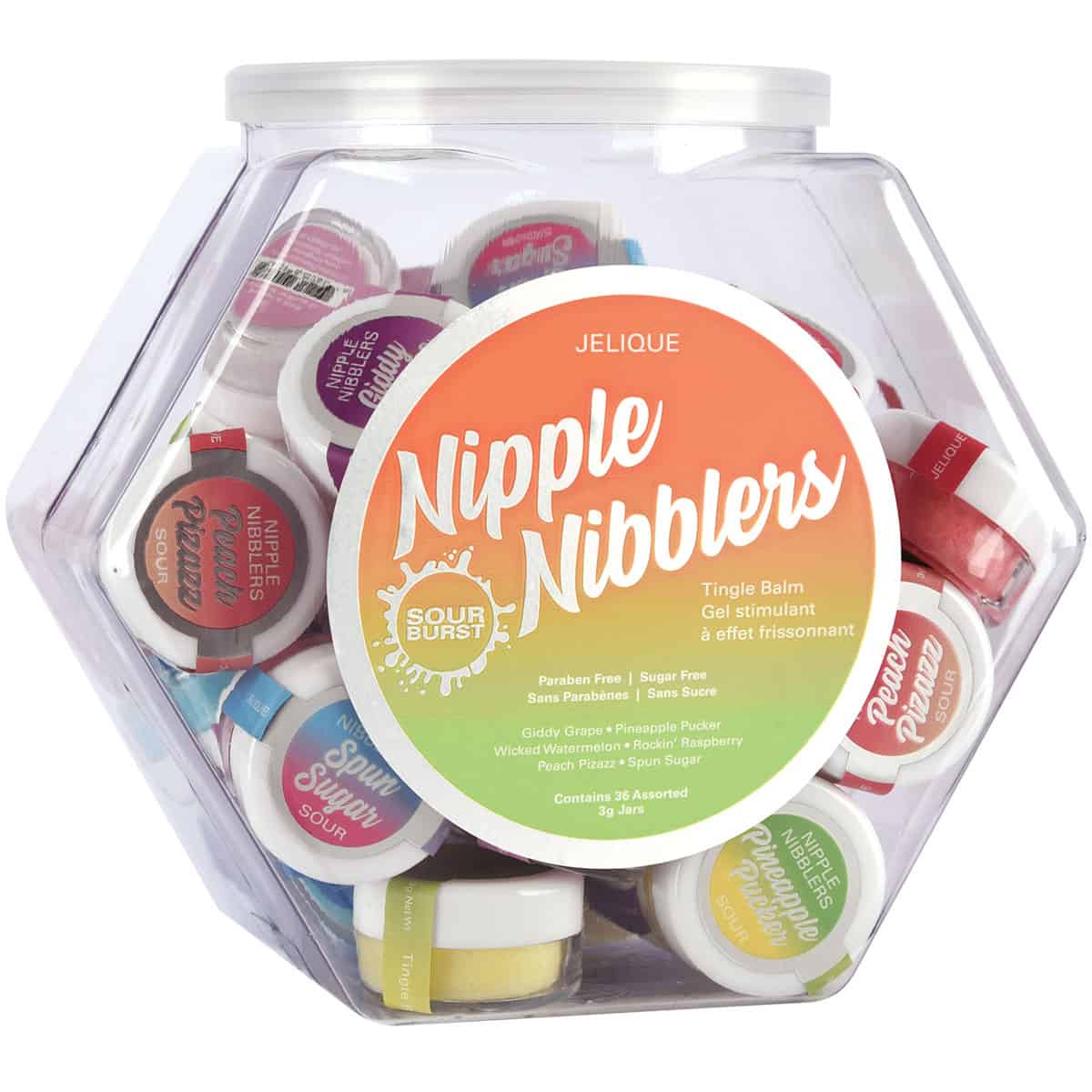 A top choice for Vegans, Jelique Nipple Nibbler SOUR Tingle Balm 36pc Mixed Bowl personal vegan lubricant by Jelique is for sale at herVibrators.com.