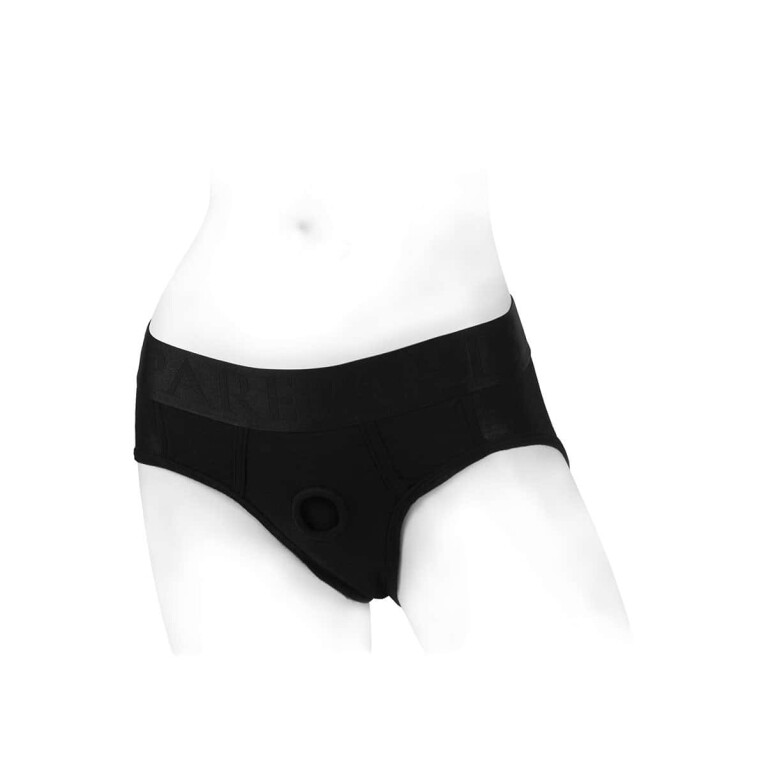 Best SpareParts Tomboi Rayon Brief Harness Black Size L dildo panties made by SpareParts HardWear on sale at herVibrators.com