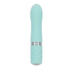 Teal BMS vibrator Pillow Talk Flirty shown in hand for scale