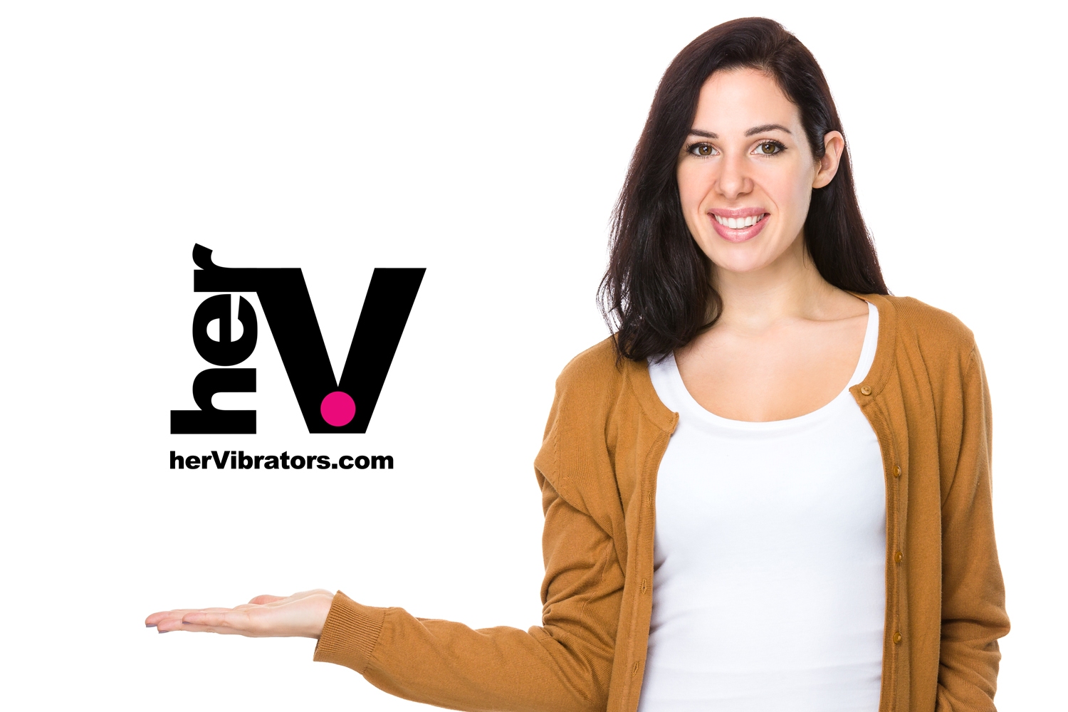 A brunette woman wearing a white shirt and brown cardigan, presenting the herVibrators.com logo for an Eroscillator guide.