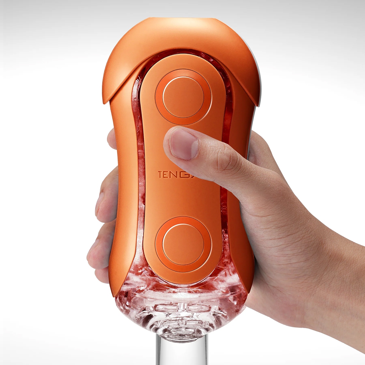Angled view of the Orange TENGA vibrator designed for intimate use