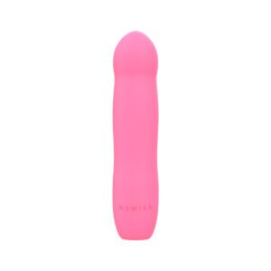 Pink B Swish vibrator Bdesired Infinite Deluxe- Flamingo shown in hand for scale
