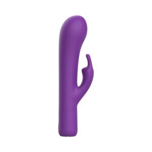 Purple B Swish vibrator Bwild Bunny Infinite Deluxe shown in hand for scale