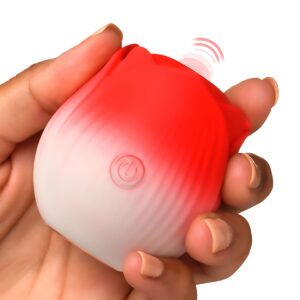 Red XR Brands vibrator Bloomgasm Pulsing Petals Throbbing Rose Stimulator shown in hand for scale