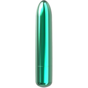 Teal BMS vibrator Point shown in hand for scale