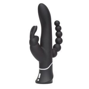 Black Happy Rabbit vibrator Elite Triple Curve shown in hand for scale