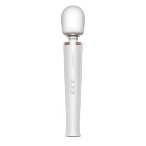 White Le Wand vibrator Pearl shown in hand for scale
