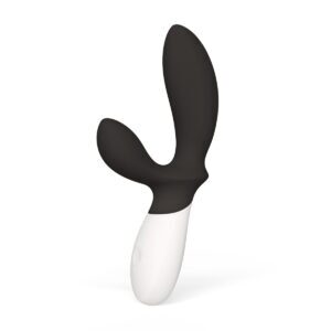 Black LELO vibrator Loki Wave 2 shown in hand for scale