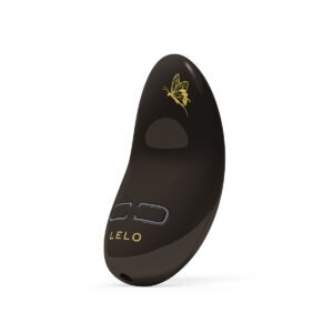Black LELO vibrator Nea 3 Pitch shown in hand for scale