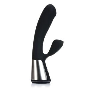 Black OhMiBod vibrator Fuse Interactive Dual Stim shown in hand for scale