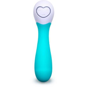 Turquoise OhMiBod vibrator Lovelife Cuddle Mini shown in hand for scale