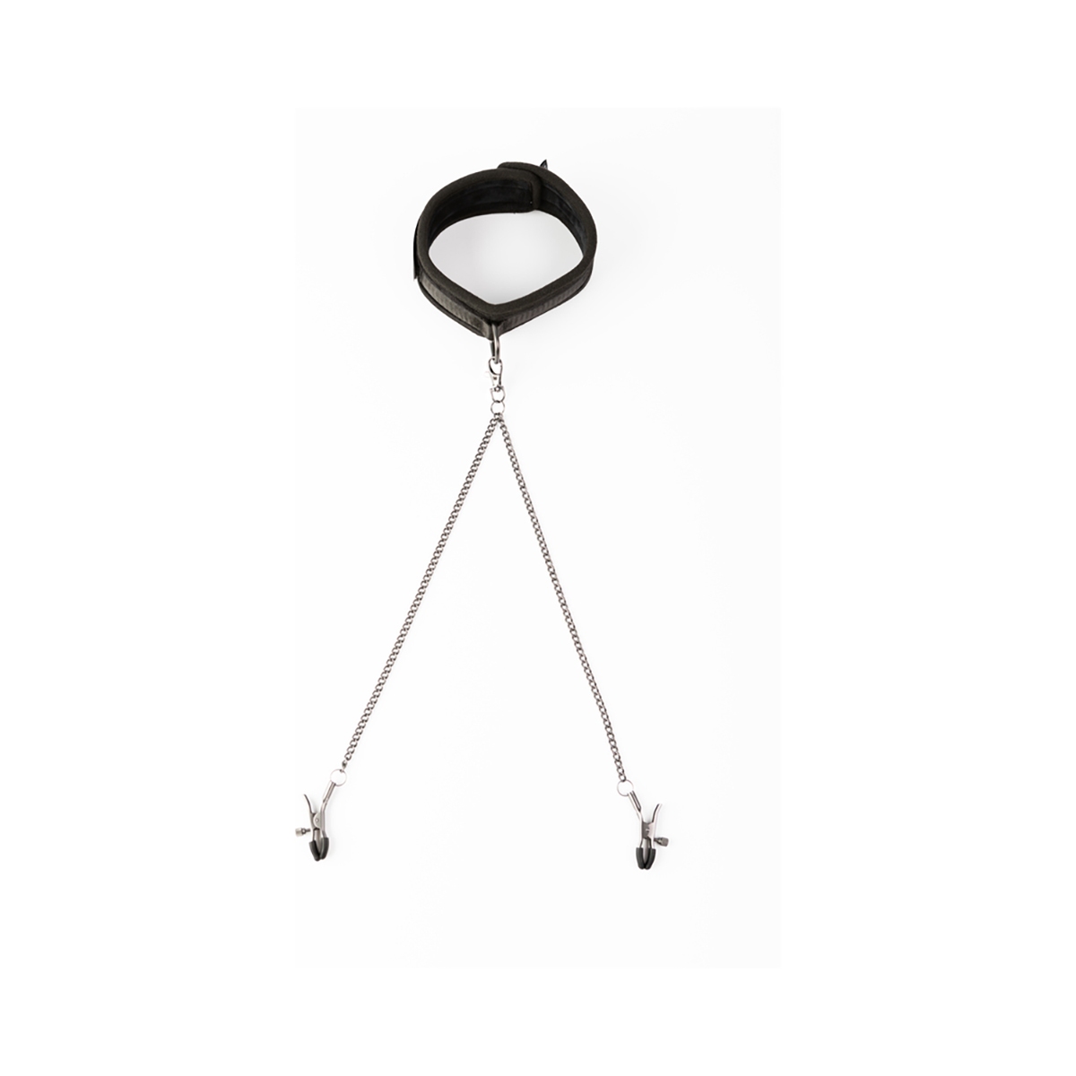 Creative Conceptions vibrator SEI MIO Twin Tweaks Velvet Collar with Nipple Clamps shown in hand for scale