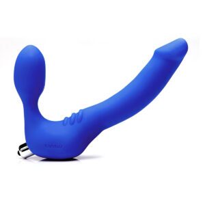 Blue Tantus vibrator Strapless Slim shown in hand for scale