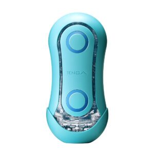 Blue TENGA vibrator Flip Orb Ocean shown in hand for scale