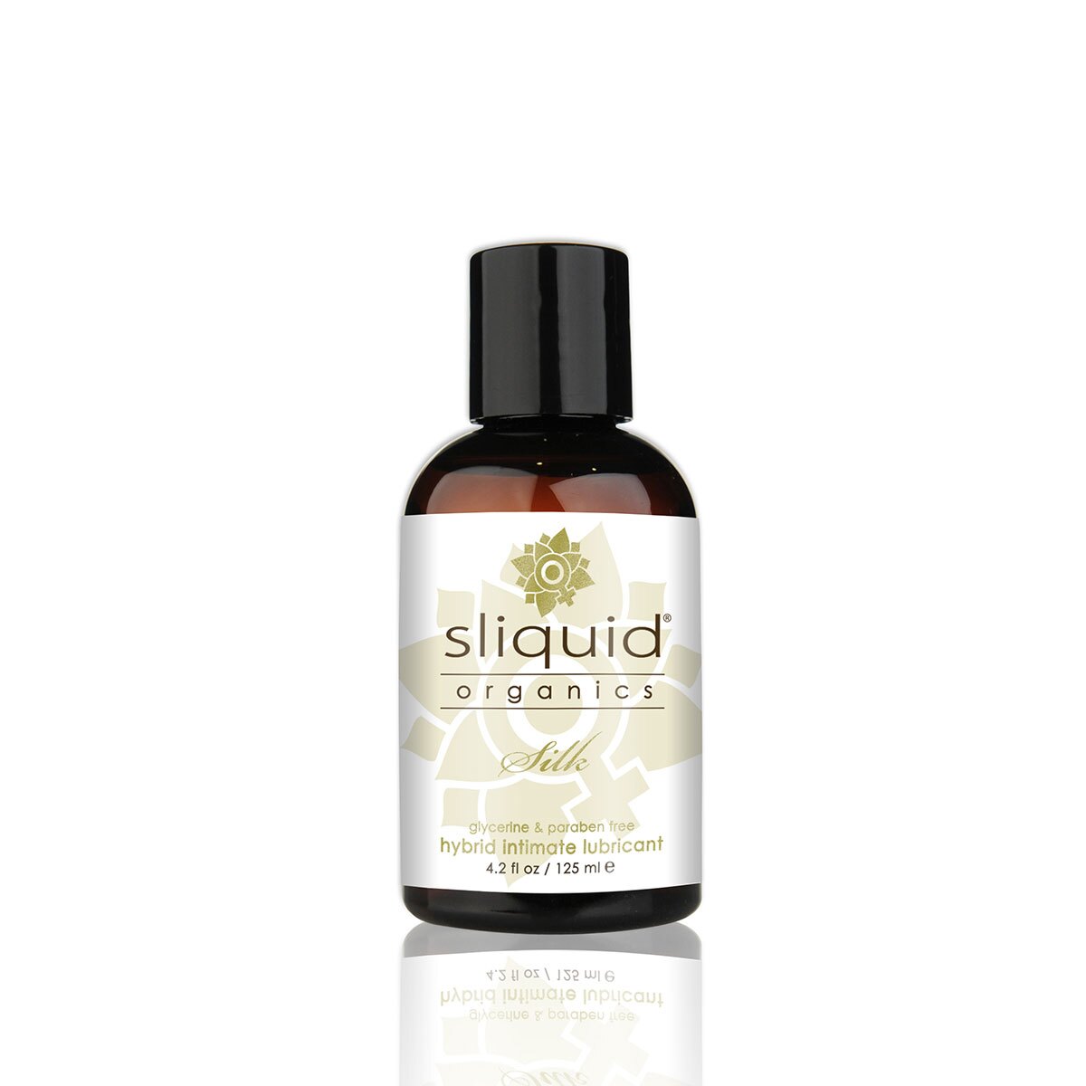 Bottle of 4. 2 oz organic lube sliquid showing clean, plant-based formula