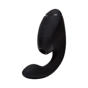 Black Womanizer vibrator Next Duo shown in hand for scale
