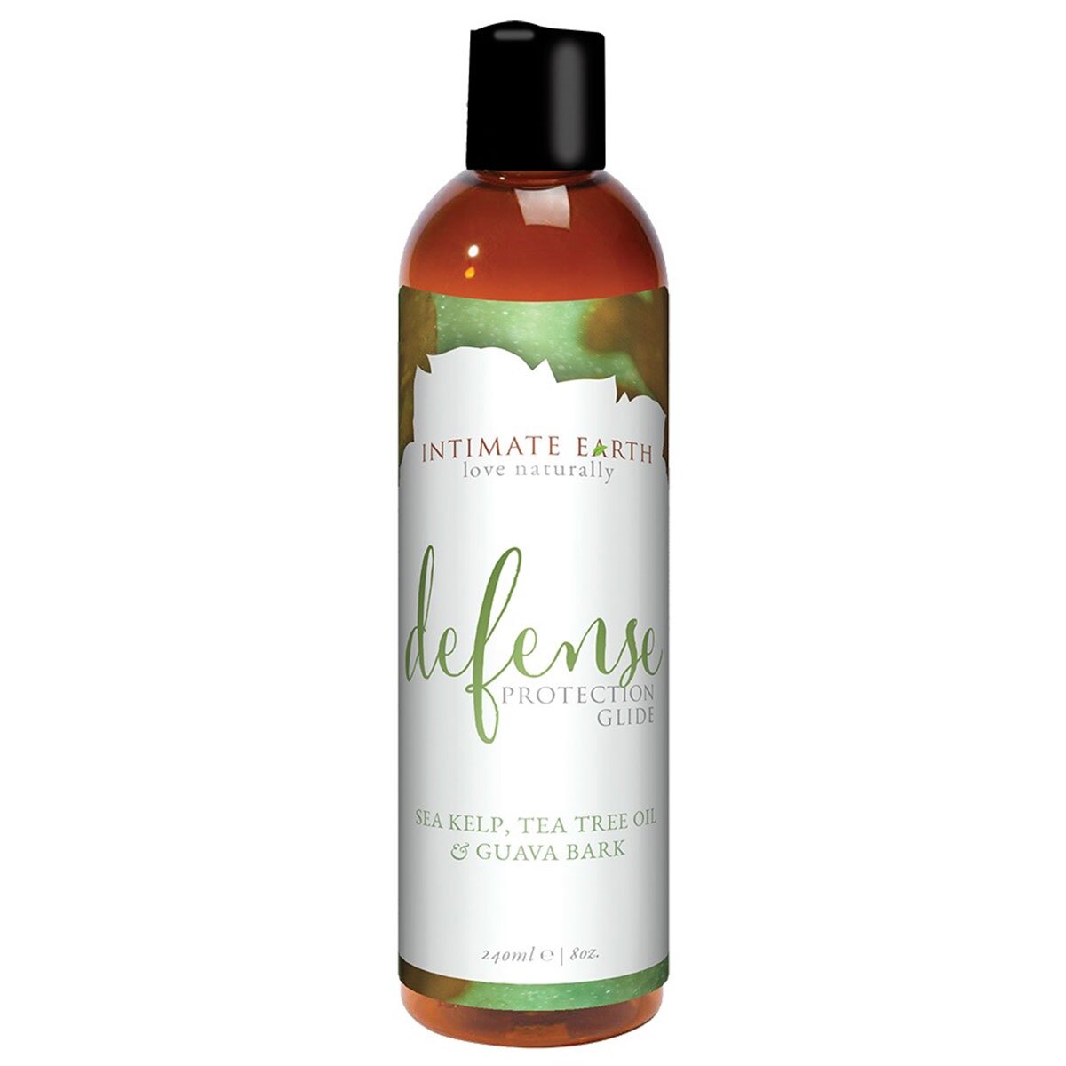 Bottle of  Vegan Lube Intimate Earth showing plant-powered formula