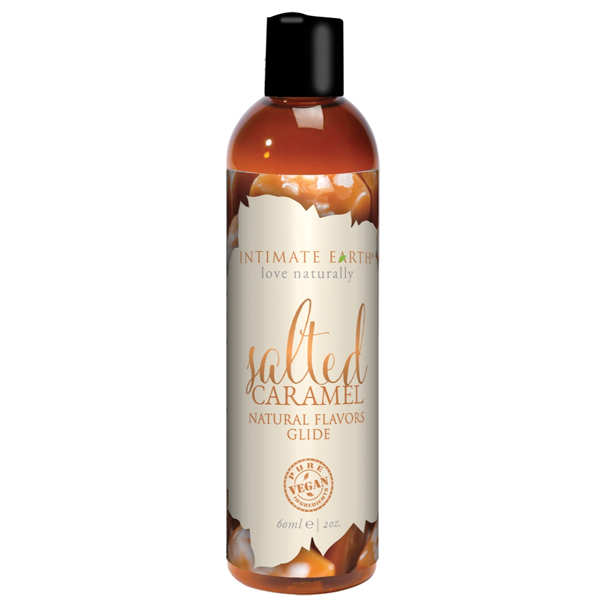 Bottle of  Flavored Lube Intimate Earth showing sweet, kissable formula