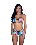 Reflective Black Holographic Star Top + Lace-Up Shorts Rave Outfit with a playful star top