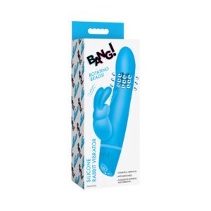 Blue XR Brands vibrator BANG! Silicone Rabbit shown in hand for scale