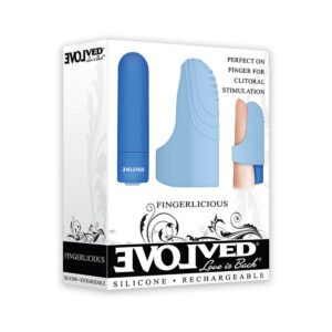 Evolved vibrator Fingerlicious Finger Blu shown in hand for scale