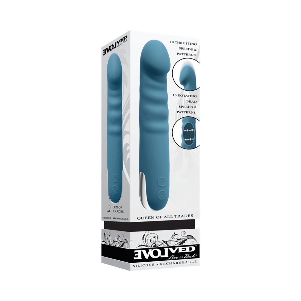 Evolved vibrator queen of all trades thrustrot te shown in hand for scale