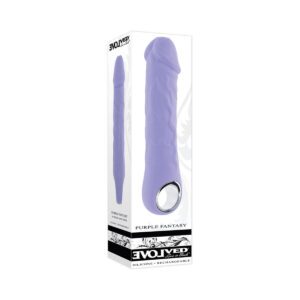 Purple Evolved vibrator Fantasy Rech Vibr Sili shown in hand for scale