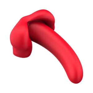Red Luv Inc vibrator Tt61: Twirling Tongue shown in hand for scale
