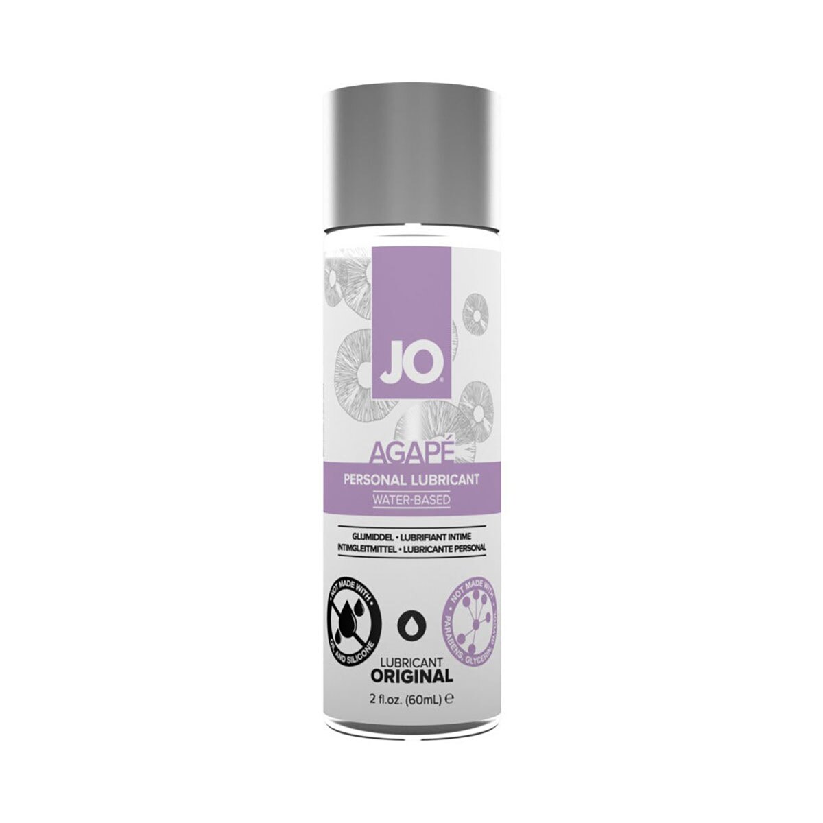 Bottle of  Water Based Lube System JO showing clean, lightweight formula