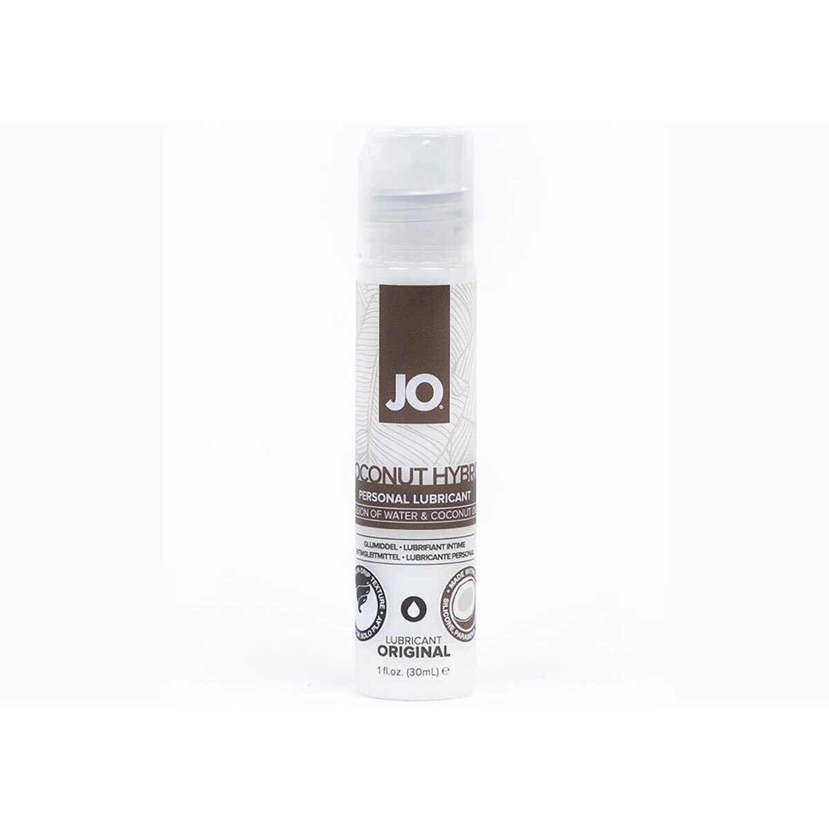 Bottle of  Water Based Lube System JO showing clean, lightweight formula