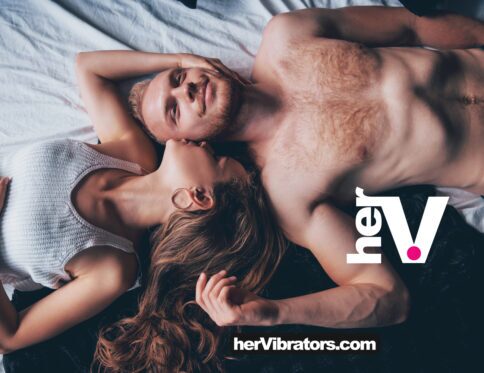 Sex machine powered thrusting device for adjustable, hands-free pleasure featuring a couple lying on a bed exploring new intimacy.