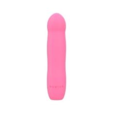 Pink B Swish vibrator Bdesired Infinite Deluxe LE- Flamingo shown in hand for scale