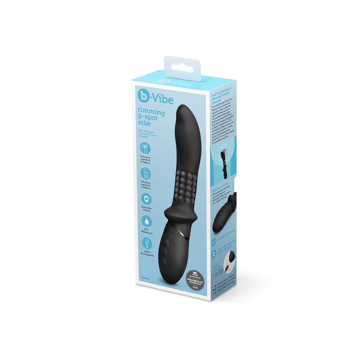 B-vibe vibrator rimming p-spot shown in hand for scale