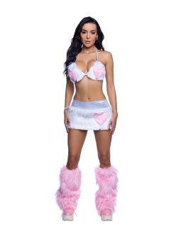 White Light Pink Furry Heart Skirt + Top Rave Outfit with plush faux-fur texture