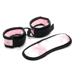 Sex Kitten Mask Cuff Set Pink And Black luxury blindfold for adult sensory play