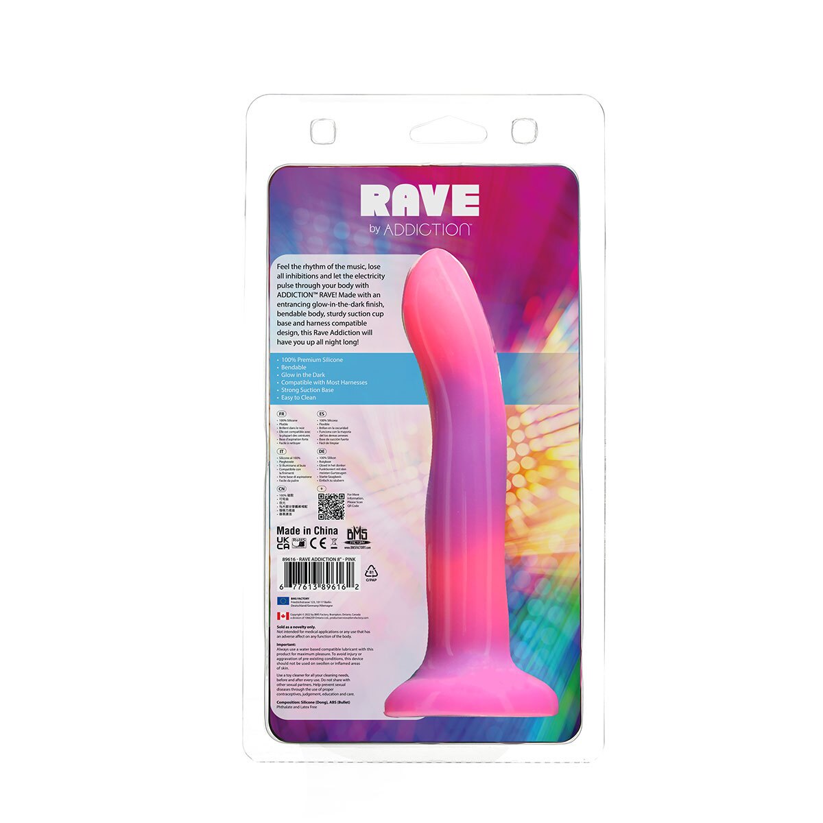 Addiction Glow in the Dark Rave Dil 8 quot Pink Purple dildo made by BMS on sale at herVibrators.com