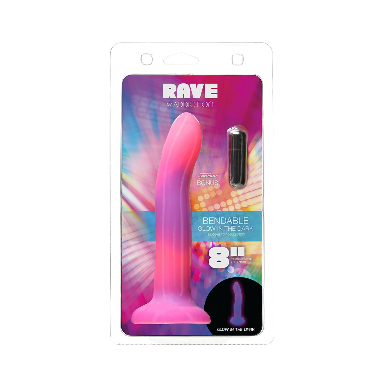 Addiction Glow in the Dark Rave Dil 8 quot Pink Purple dildo made by BMS on sale at herVibrators.com