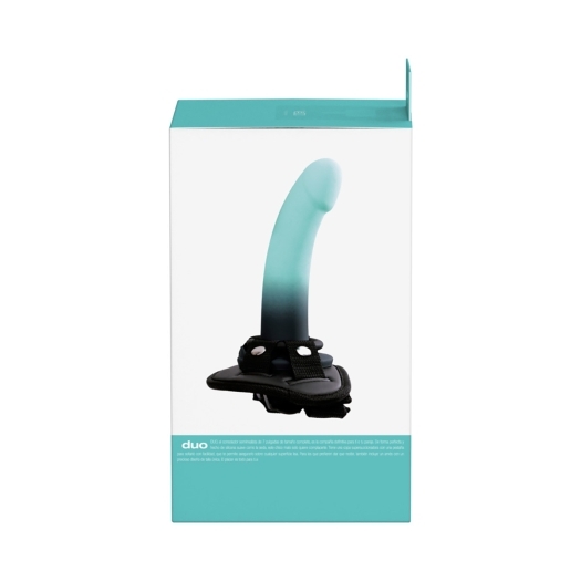 VeDO Duo Silicone Dildo with Harness Turquoise Black dildo made by VeDO on sale at herVibrators.com