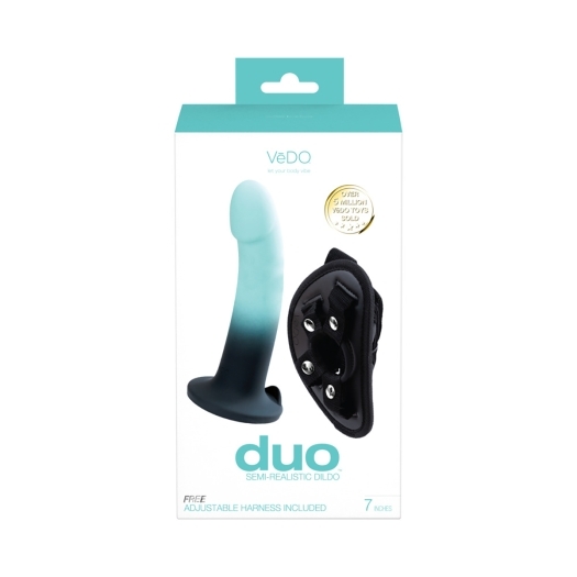 VeDO Duo Silicone Dildo with Harness Turquoise Black dildo made by VeDO on sale at herVibrators.com